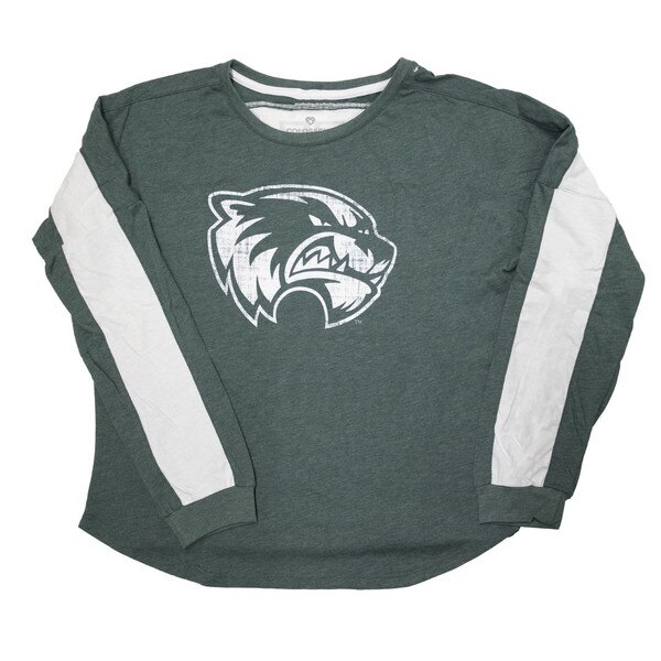 Front of a green long sleeve shirt with a large distressed white mascot logo on the front and a large white stripe from one sleeve across the back and down the other sleeve